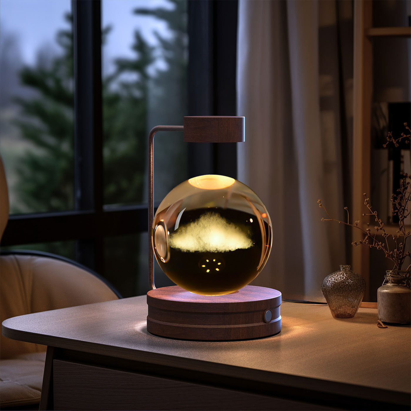 Shopi Vella birthday gift crystal ball lamp with wooden base and ambient lighting on a desk