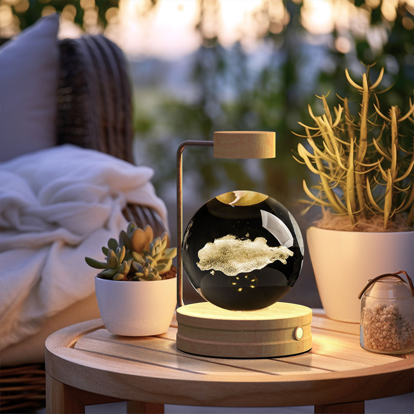 Shopi Vella birthday gift crystal ball lamp with wooden base and levitating design on a round wooden table