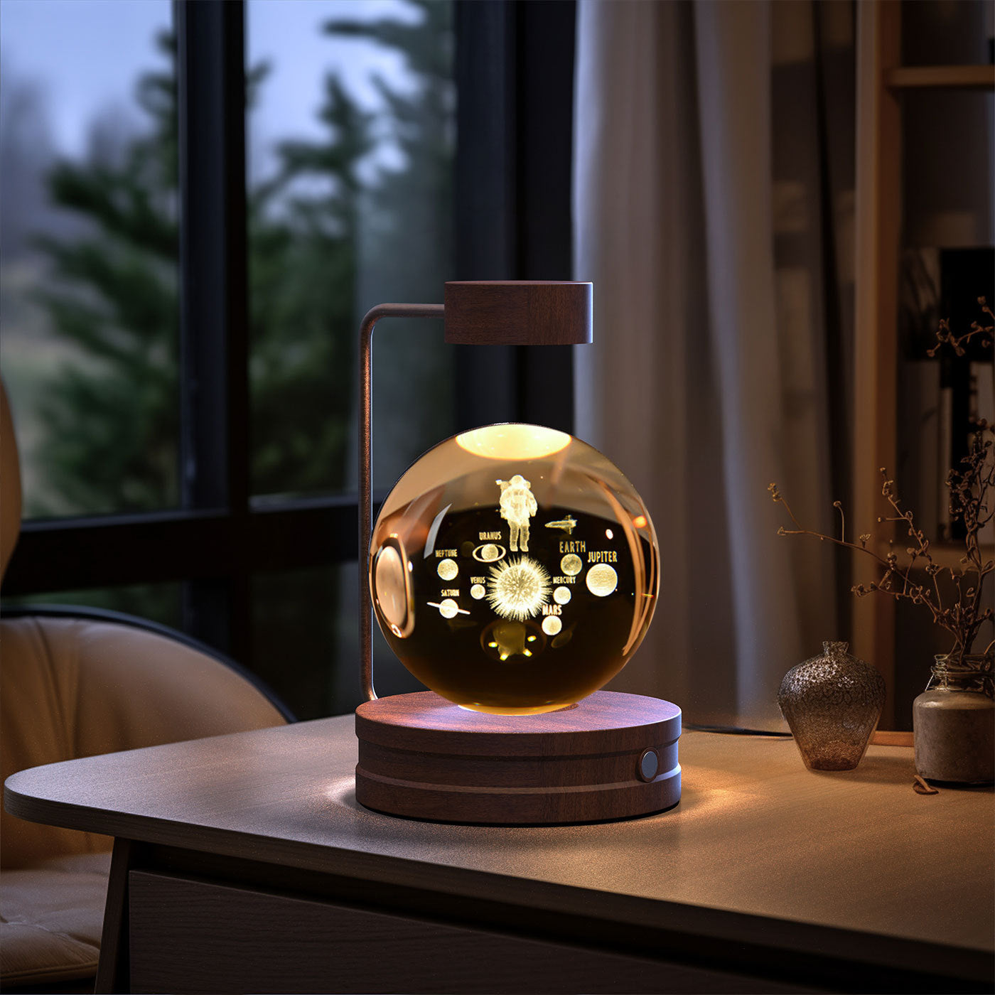 Shopi Vella birthday gift crystal ball lamp with wooden base and solar system design on desk