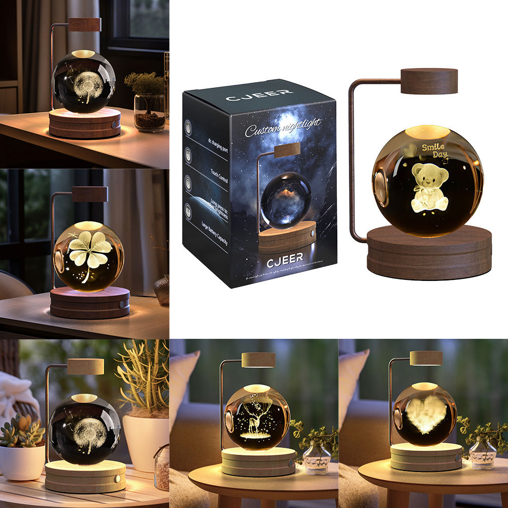 Shopi Vella birthday gift crystal ball lamp with wooden base and LED light featuring various designs