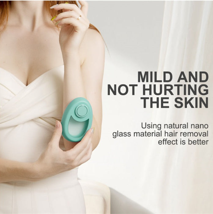 Shopi Vella crystal hair removal tool held by woman demonstrating mild skin-friendly hair removal