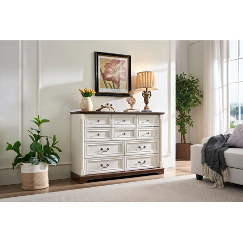 Shopi Vella 10 drawer dresser for bedroom with white drawers and wooden top in stylish living room