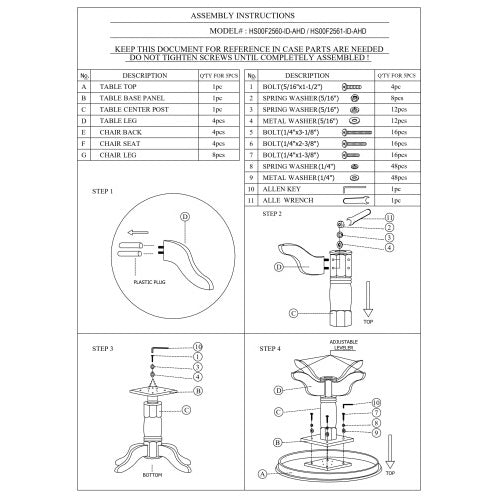Assembly instructions for classic 5 piece dining room furniture showing parts and steps