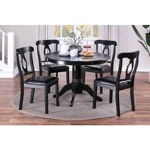 Classic 5 piece dining room furniture set with black round table and four matching chairs on rug