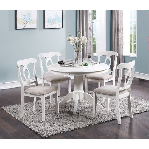 Shopi Vella classic 5 piece dining room furniture set with round white table and cushioned chairs