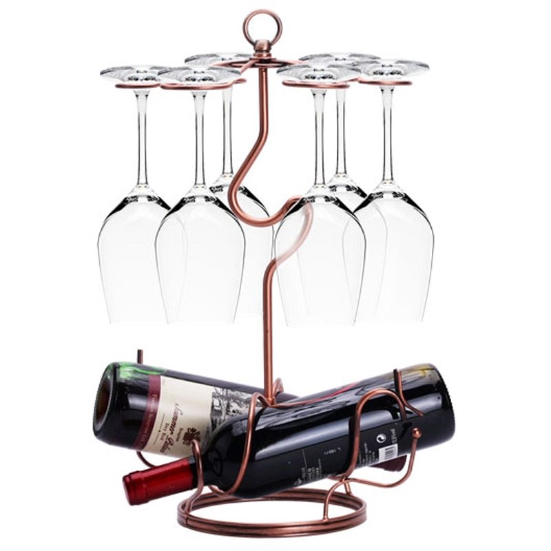 Shopi Vella upside down wine glass rack with copper finish holding six wine glasses and two wine bottles