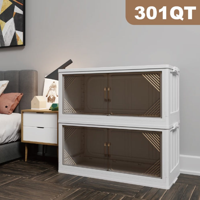 Shopi Vella clear plastic closet organizer with double stackable white frame and tinted doors