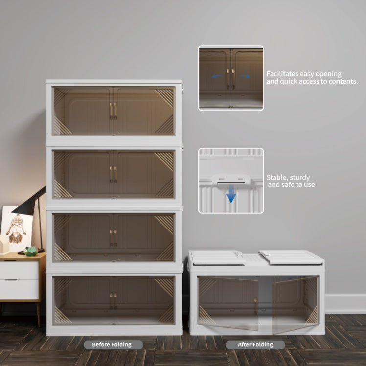 Shopi Vella clear plastic closet organizer with four stackable compartments showing before and after folding