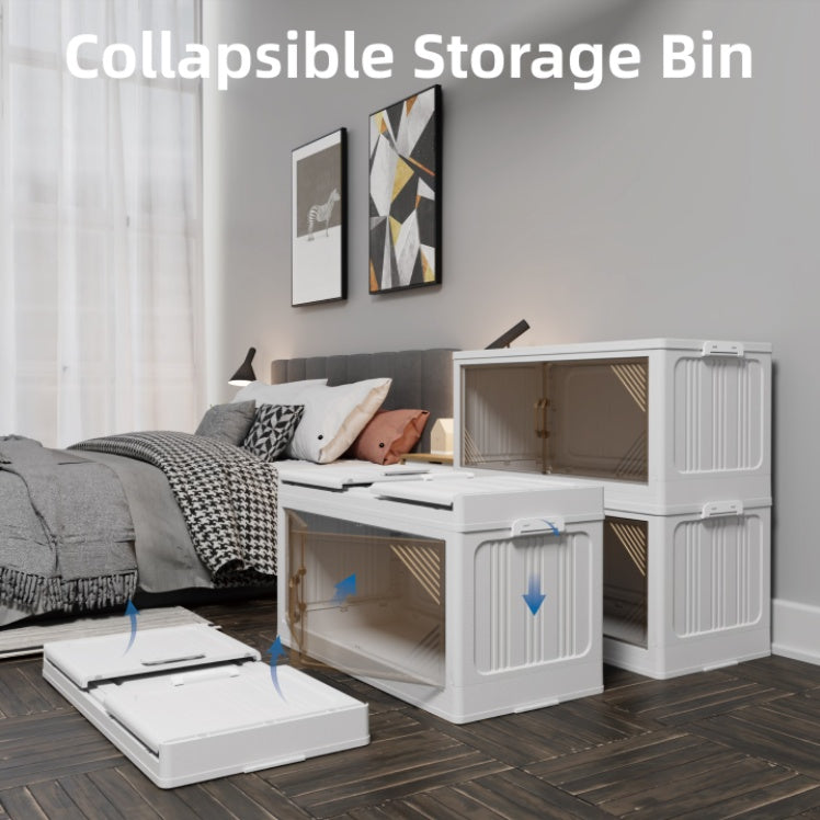 Collapsible clear plastic closet organizer storage bins stacked and folded in a modern bedroom