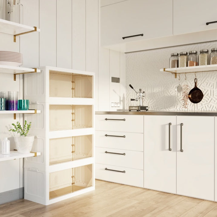 Clear plastic closet organizer with four compartments in modern white kitchen for storage