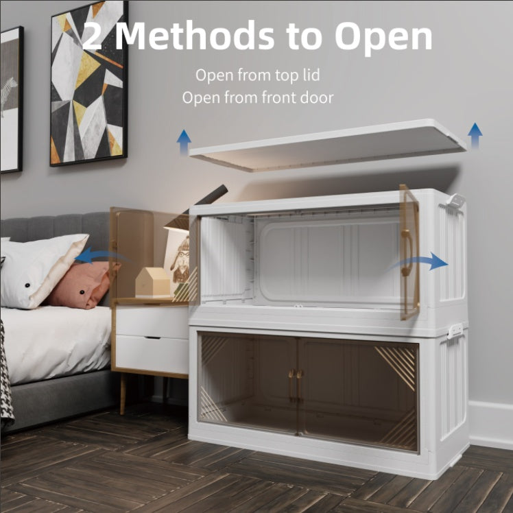 Clear plastic closet organizer with top lid and front door opening methods in bedroom setting