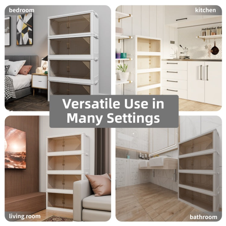 Shopi Vella clear plastic closet organizer shown in bedroom kitchen living room and bathroom for versatile storage