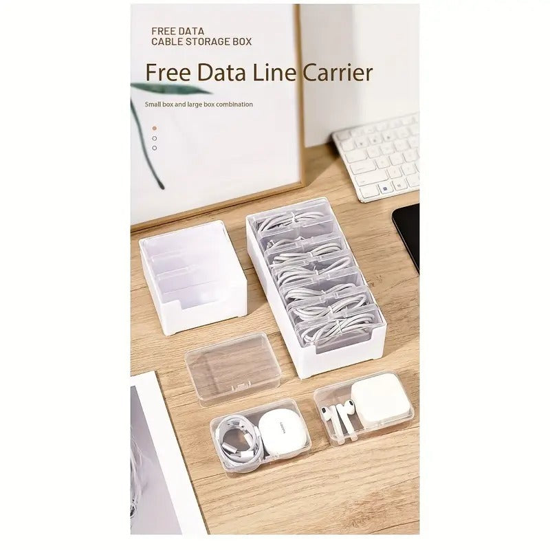 Shopi Vella clear plastic storage box set organizing data cables and small electronic accessories on a wooden desk