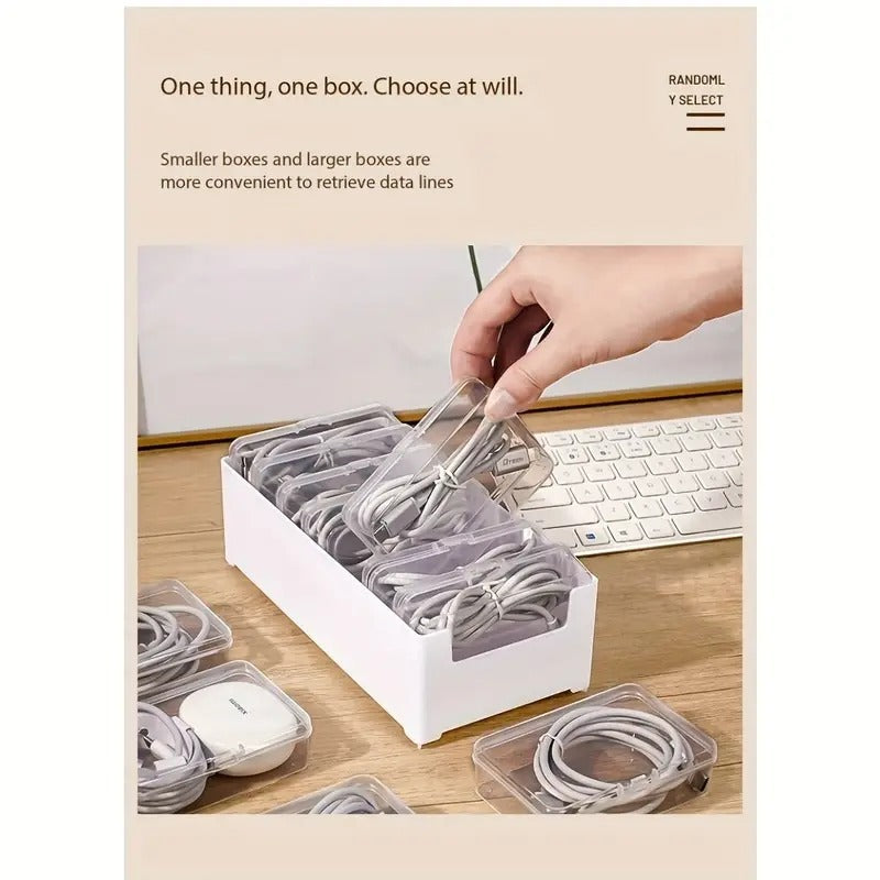 Shopi Vella clear plastic storage box set organizing cables and small electronic accessories on desk