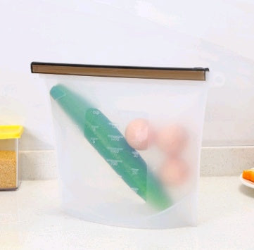 Shopi Vella silicone food storage bag holding vegetables on a kitchen countertop