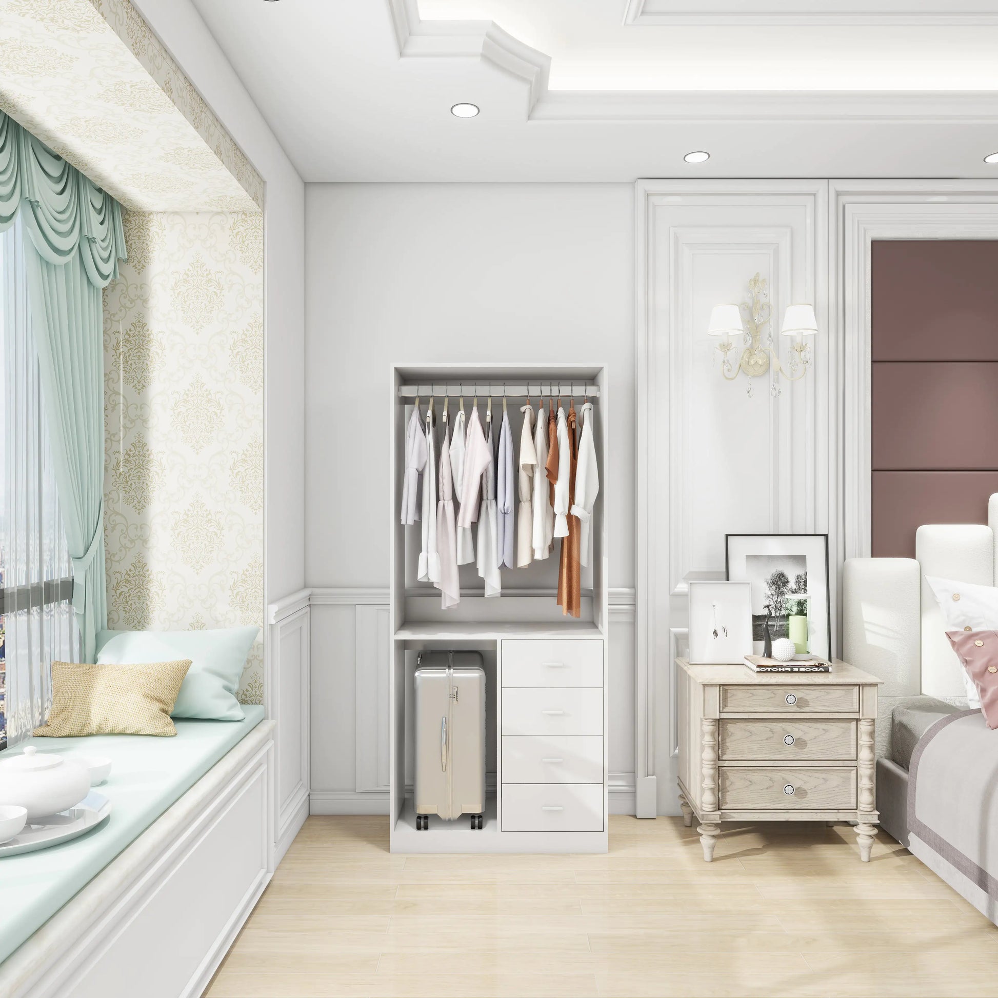 Modern closet organizer with hanging rod and drawers in a bright bedroom near window seating