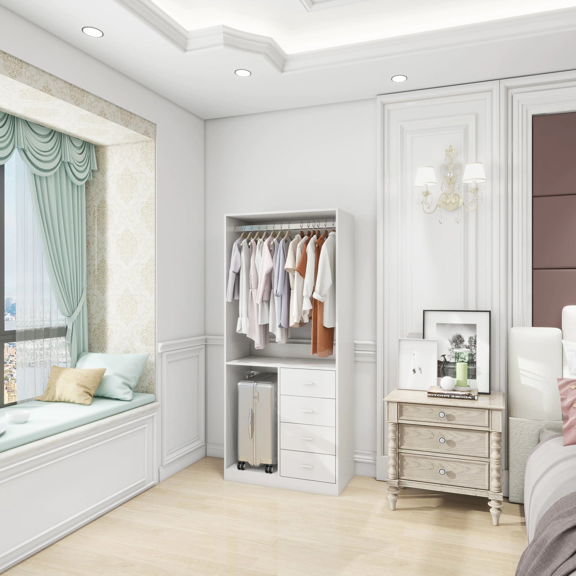 White closet organizer with hanging rod holding clothes and drawers in modern bedroom