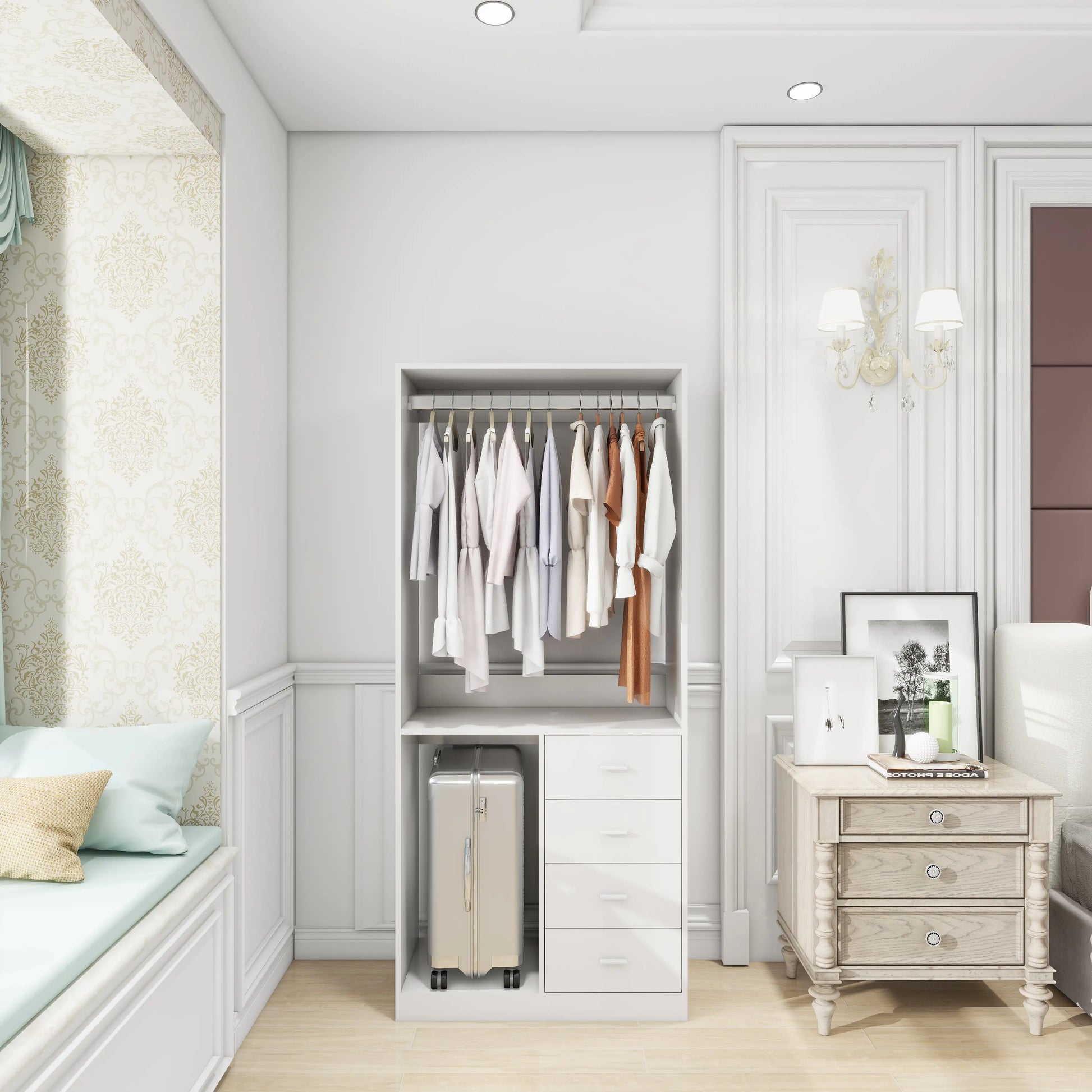 Closet organizer with hanging rod holding clothes and drawers below for storage in a modern bedroom
