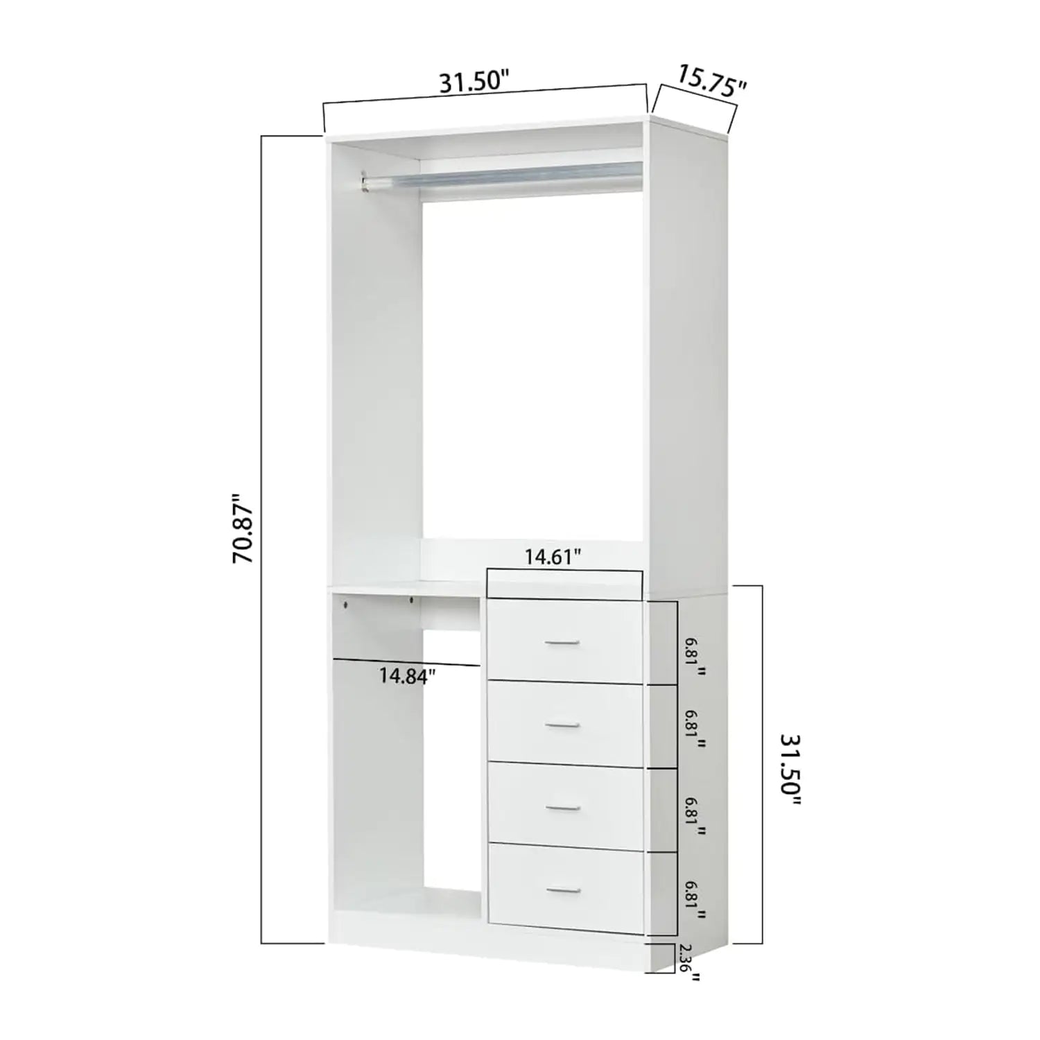 White closet organizer with hanging rod featuring four drawers and open shelving with dimensions