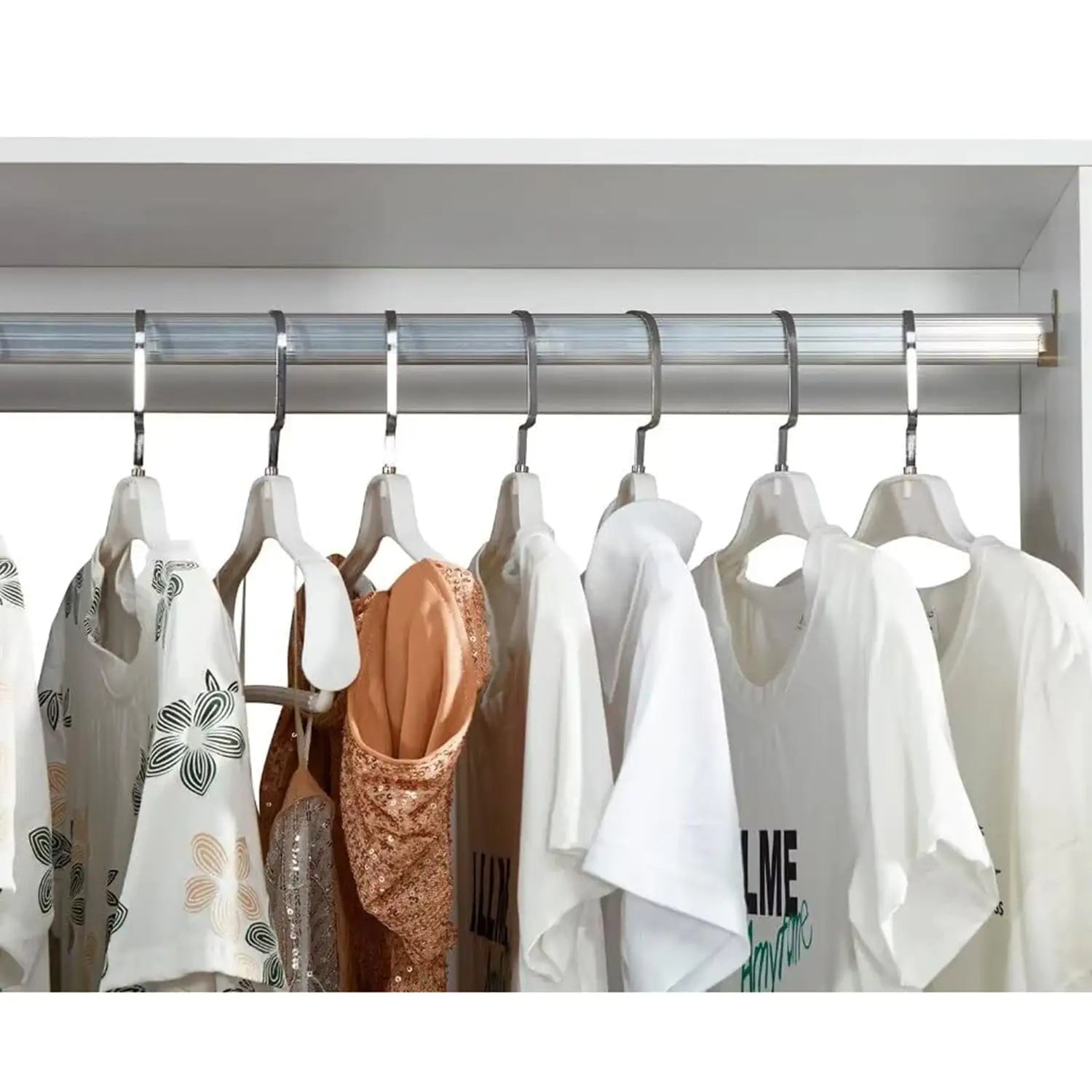 Closet organizer with hanging rod holding various clothing items on white hangers in a neat arrangement