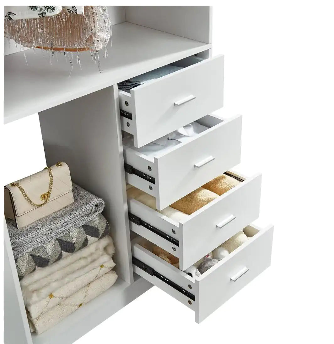 White closet organizer with hanging rod featuring four open drawers and a section for folded clothes and accessories