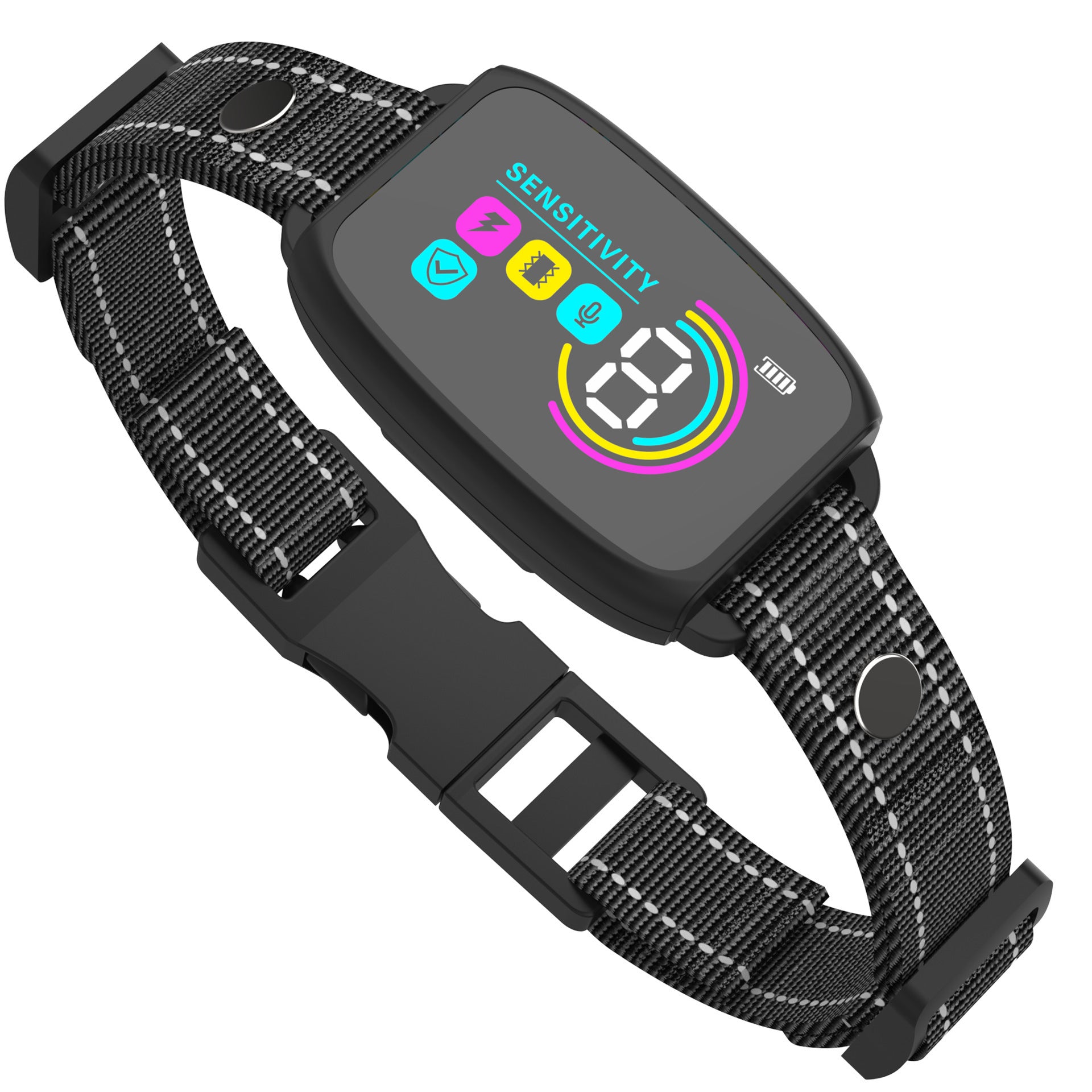 Rechargeable bark stopper for dogs with adjustable sensitivity and black nylon strap