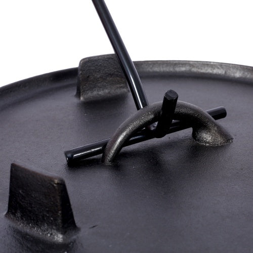 Close-up of Shopi Vella outdoor camping deep pot cast iron lid with sturdy handle for cooking