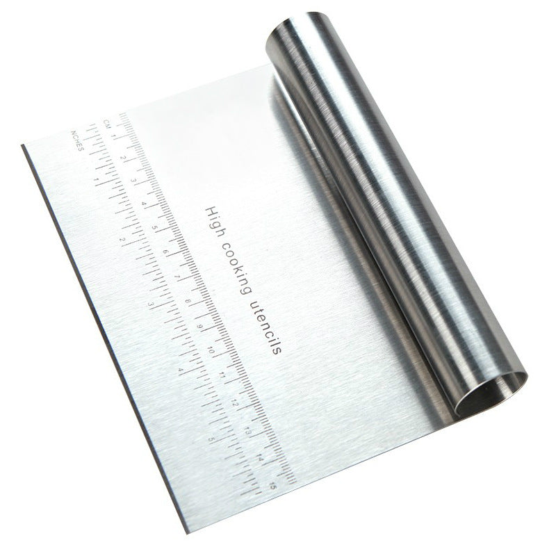 Shopi Vella stainless steel pizza dough cutter tool with ergonomic handle and measurement markings