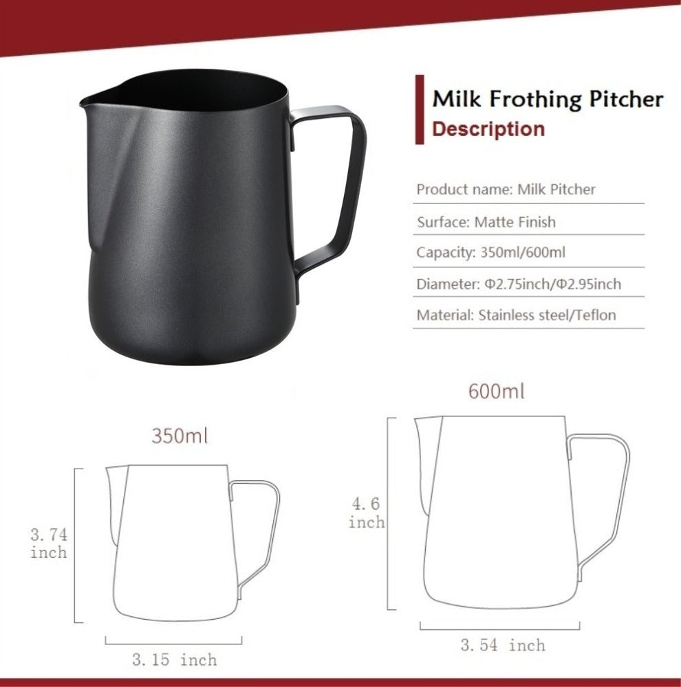 Shopi Vella stainless steel milk frother jug with matte finish, available in 350ml and 600ml capacity