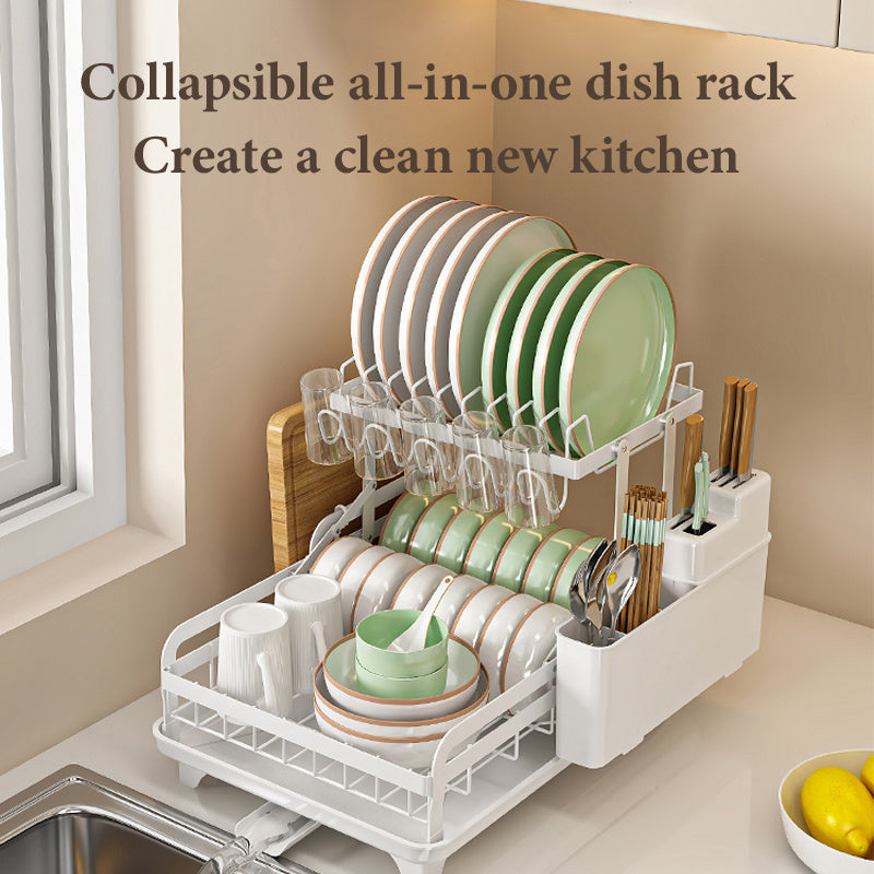 Shopi Vella collapsible kitchen dish rack with two tiers holding plates, bowls, cups, and utensils