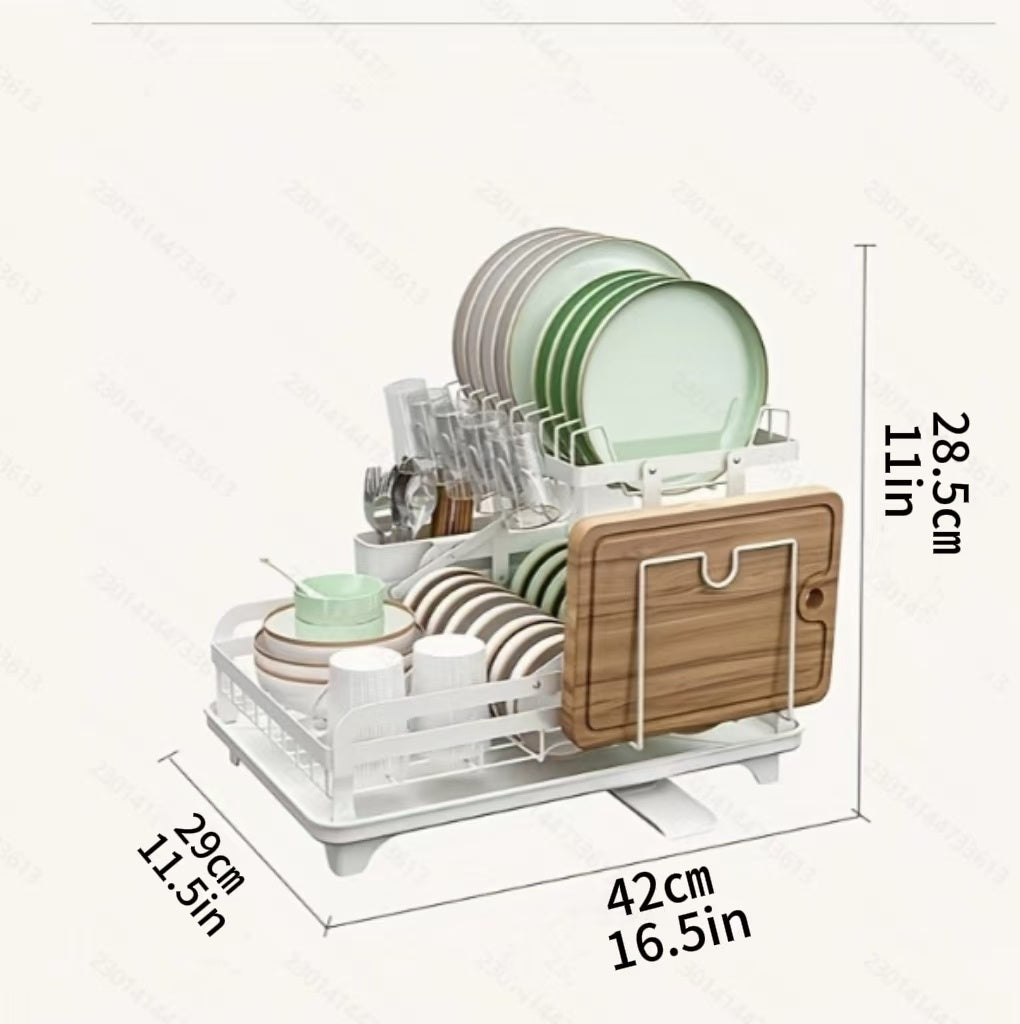 Shopi Vella collapsible kitchen dish rack in white with wooden cutting board and multiple plates and utensils