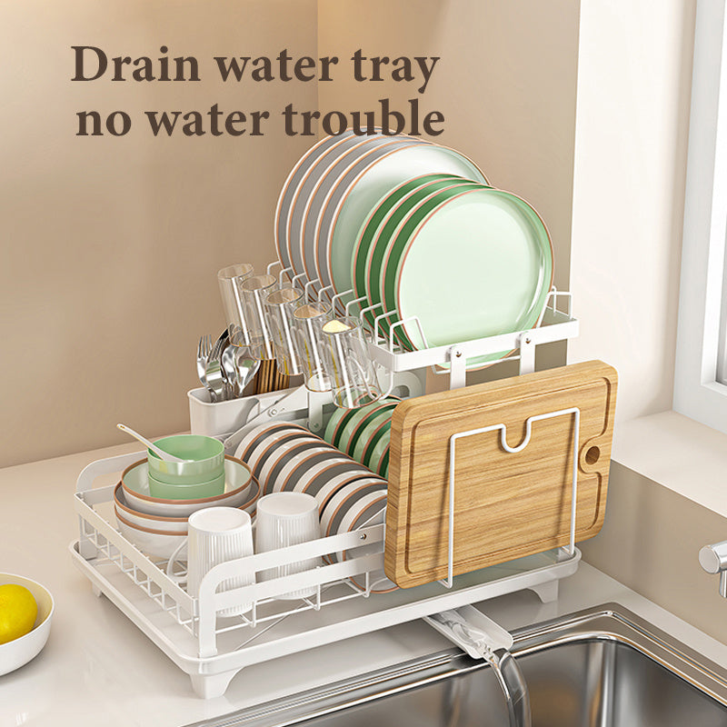 Shopi Vella collapsible kitchen dish rack with drain water tray holding plates cups utensils and cutting board