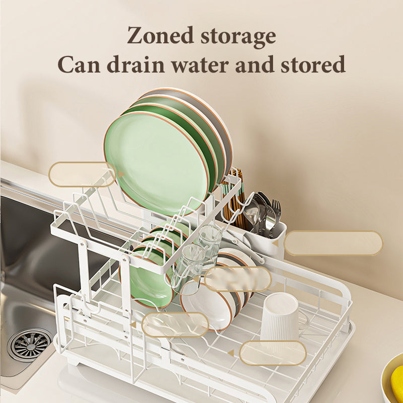Shopi Vella collapsible kitchen dish rack with zoned storage holding plates, cups, and utensils draining water