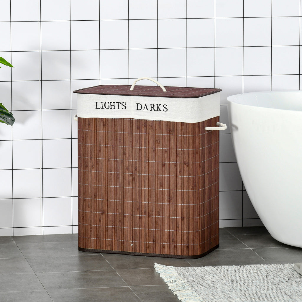 Shopi Vella collapsible laundry hamper with removable bags in brown bamboo finish labeled lights and darks
