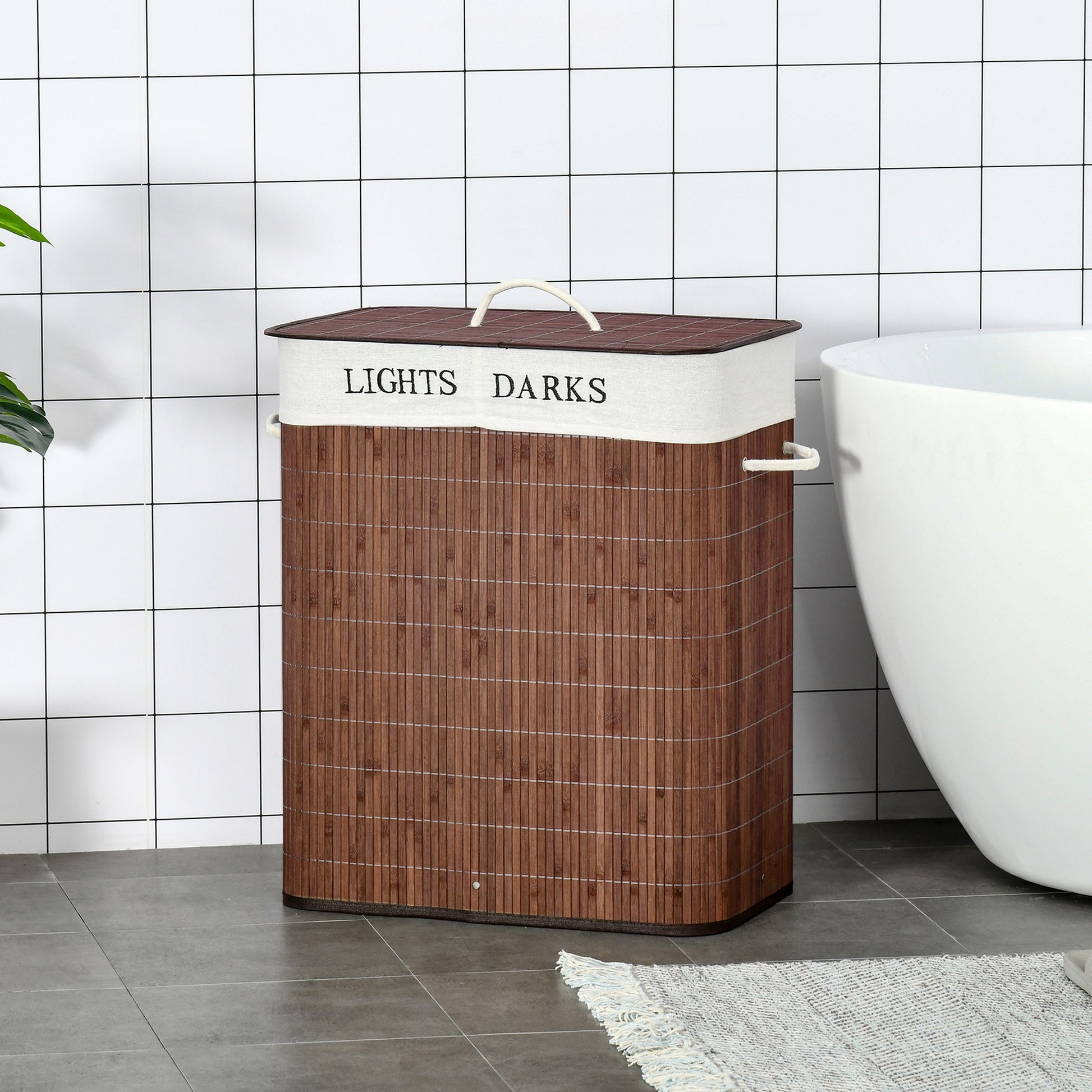 Shopi Vella collapsible laundry hamper with removable bags in brown bamboo finish labeled lights and darks
