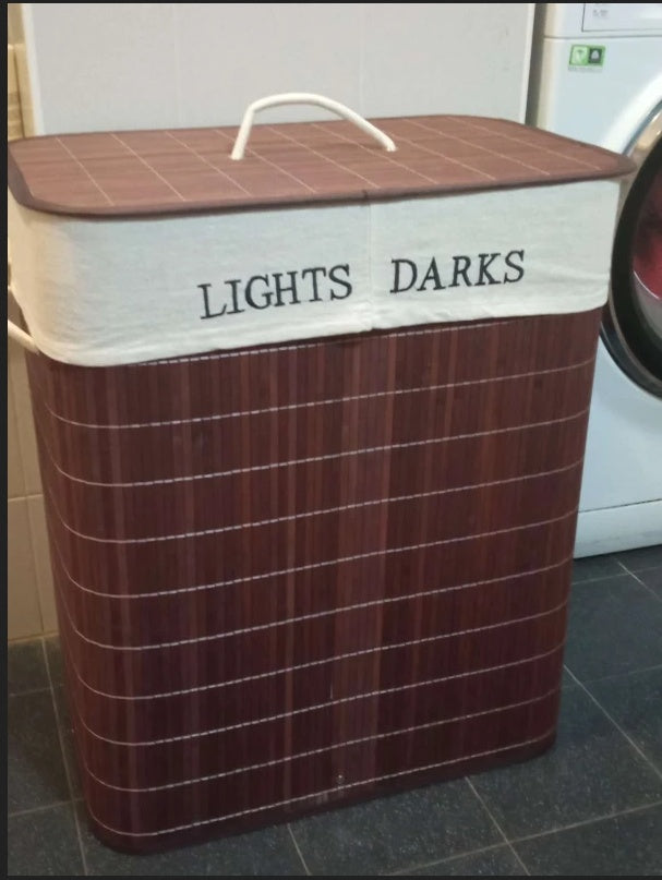 Shopi Vella collapsible laundry hamper with removable bags in brown with labeled lights and darks sections