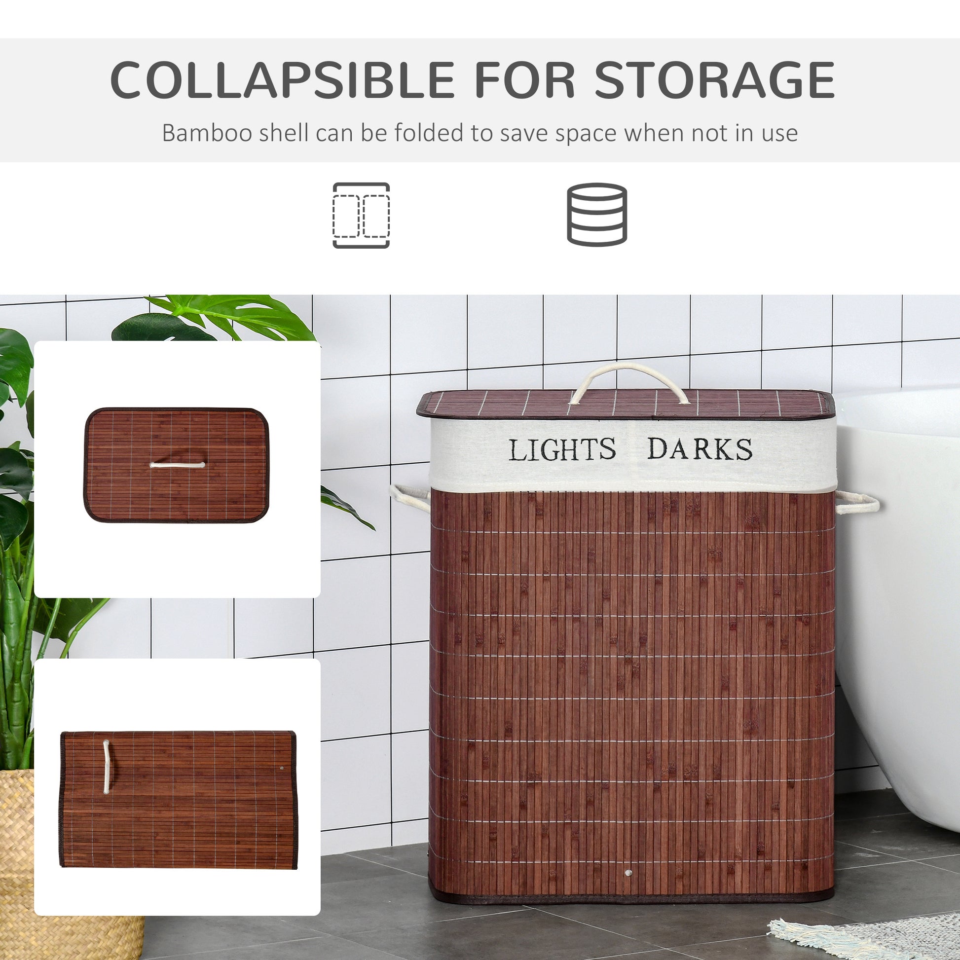Shopi Vella collapsible laundry hamper with removable bags in bamboo shell for sorting lights and darks