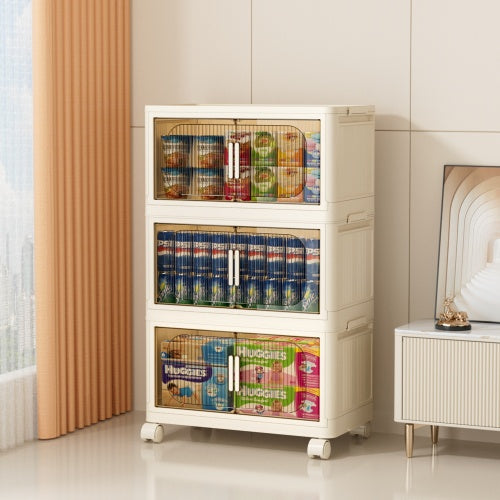 Shopi Vella collapsible storage bins with magnetic door stacked in beige for organized closet storage