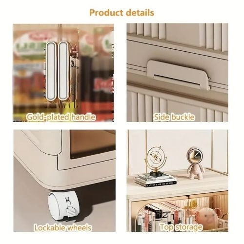 Shopi Vella collapsible storage bins with magnetic door featuring gold-plated handle, side buckle, lockable wheels, and top storage
