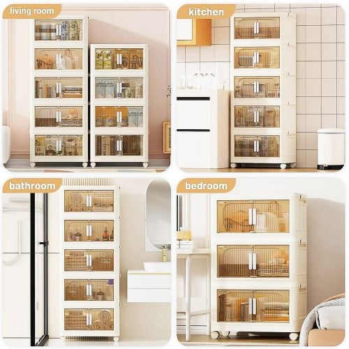 Shopi Vella collapsible storage bins with magnetic door in living room kitchen bathroom and bedroom settings