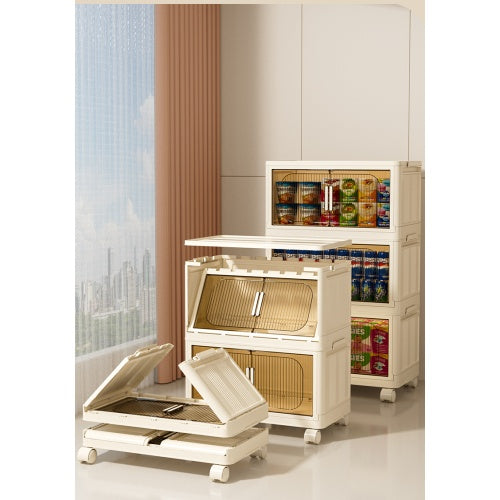 Shopi Vella collapsible storage bins with magnetic door in beige holding pantry items on wheels