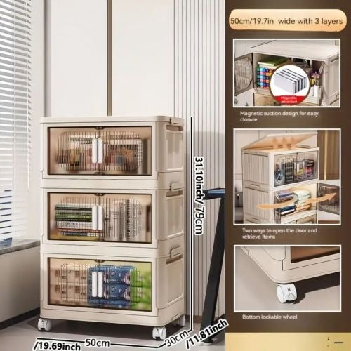 Shopi Vella collapsible storage bins with magnetic door 3-layer beige organizer with lockable wheels