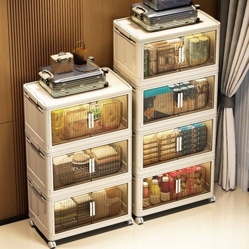 Shopi Vella collapsible storage bins with magnetic door stacked for organized clothing and wardrobe storage