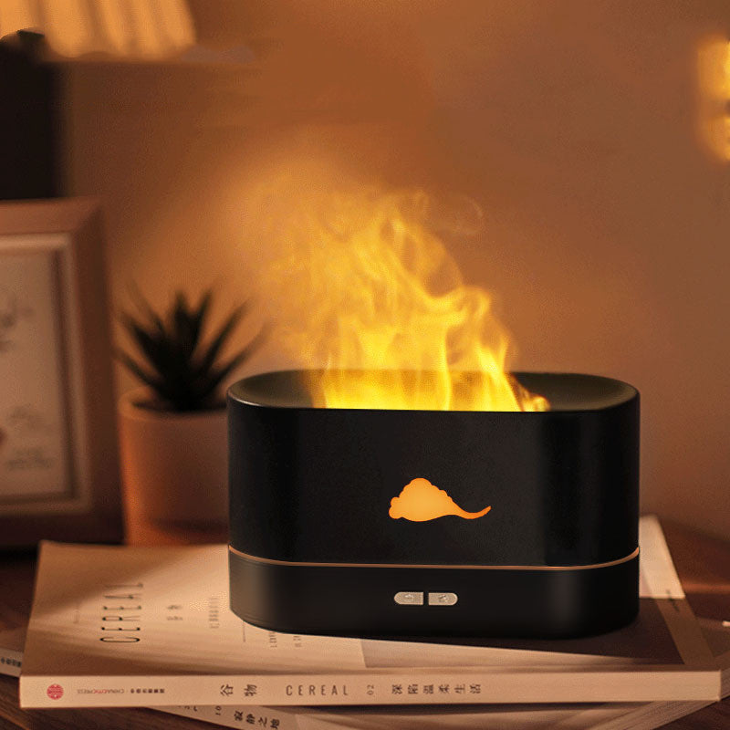 Shopi Vella colorful atmosphere lamp humidifier in black emitting warm mist on a wooden surface