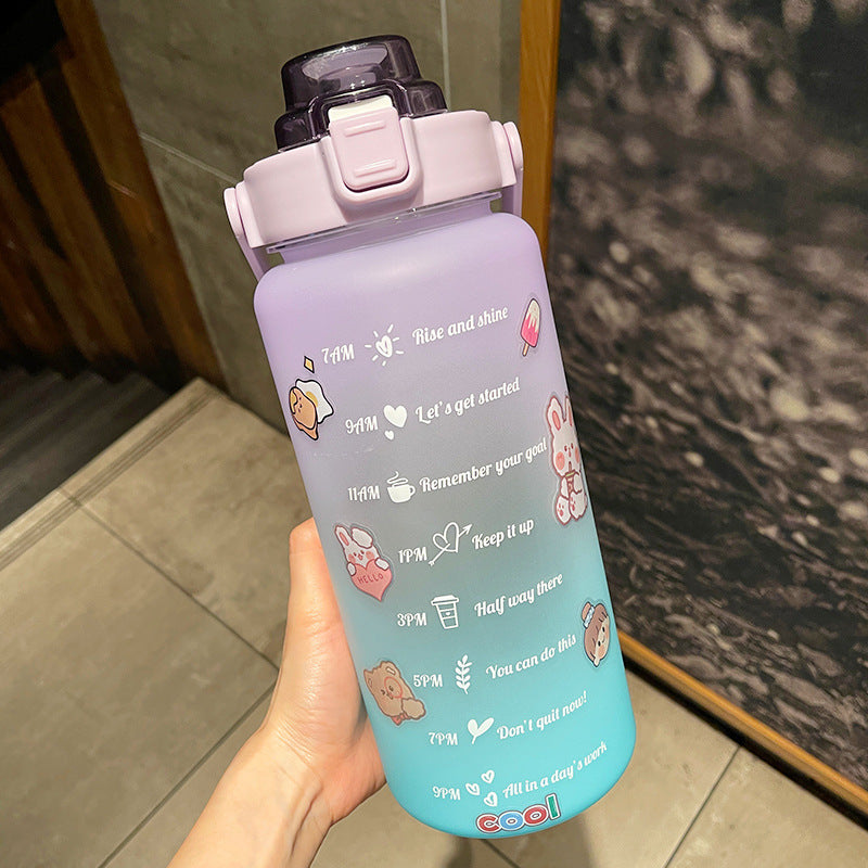 Shopi Vella plastic water bottle for daily hydration with motivational time markers and pastel gradient design
