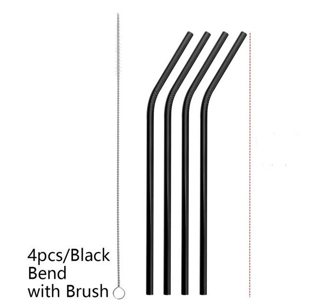 Set of four black colorful stainless steel straws with a cleaning brush for drinkware