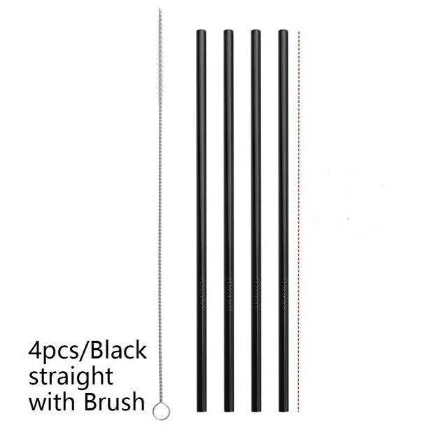 Set of four black straight colorful stainless steel straws with a cleaning brush for reusable drinkware