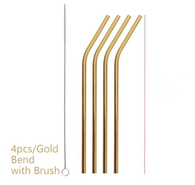 Set of four gold bend reusable colorful stainless steel straws with cleaning brush