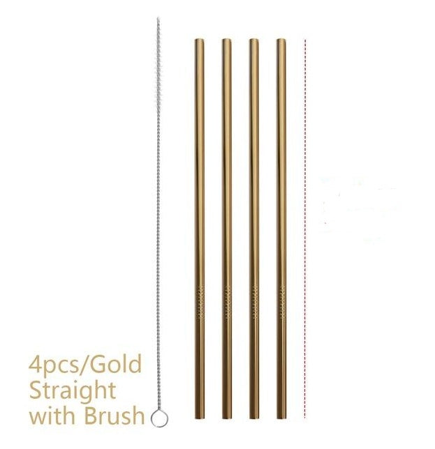 Set of 4 gold colorful stainless steel straws with a cleaning brush for reusable drinkware