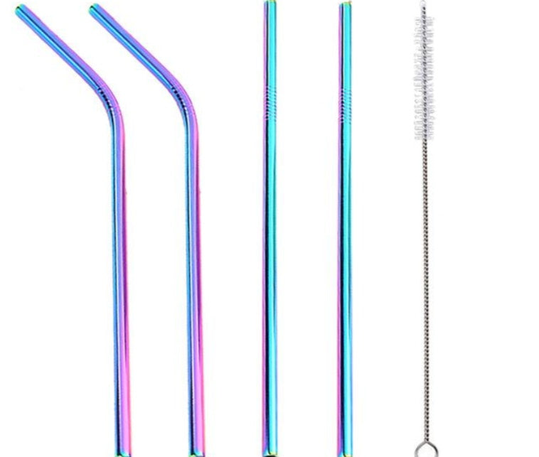 Shopi Vella colorful stainless steel straws set with two bent, two straight straws, and a cleaning brush